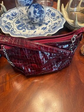 Brighton Burgundy Croc-Embossed Shoulder Bag with Silver Chain